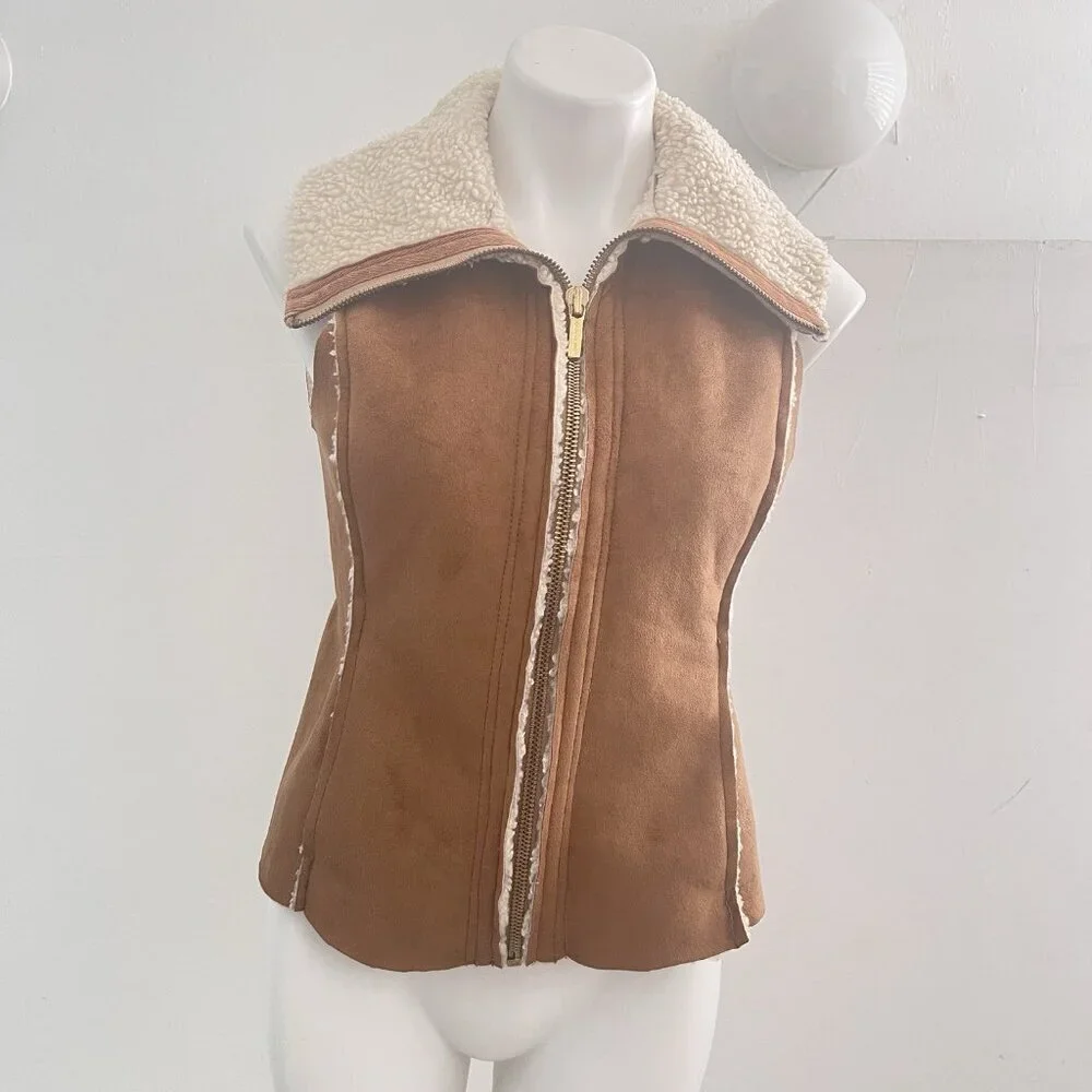 Michael Kors Faux Suede Sherpa Vest Camel Brown Petite Small P/S bohemian